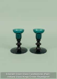 Emerald-Green-Glass-Candlesticks-Pair-Indiana-Glass-Kings-Crown-Thumbprint