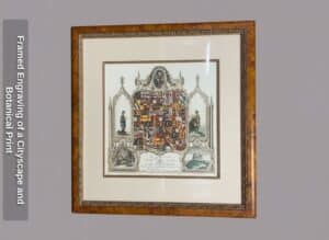 Framed-Engraving-of-a-Cityscape-and-Botanical-Print