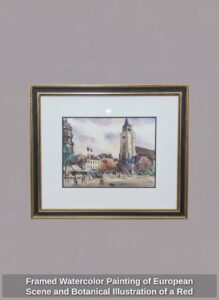 Framed-Watercolor-Painting-of-European-Scene-and-Botanical-Illustration-of-a-Red-Poppy