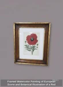 Framed-Watercolor-Painting-of-European-Scene-and-Botanical-Illustration-of-a-Red-Poppy-second-image