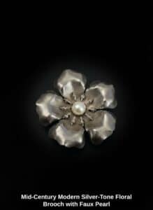 Mid-Century-Modern-Silver-Tone-Floral-Brooch-with-Faux-Pearl-1