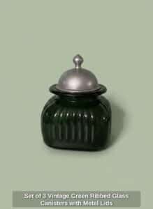 Set-of-Vintage-Green-Ribbed-Glass-Canisters-with-Metal-Lids