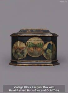 Vintage-Black-Lacquer-Box-with-Hand-Painted-Butterflies-and-Gold-Trim