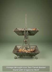 Vintage-Wrought-Iron-Two-Tiered-Basket-Stand-with-Grapevine-Motif-2