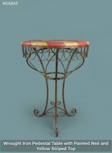 Wrought-Iron-Pedestal-Table-with-Painted-Red-and-Yellow-Striped-Top-second-image