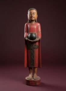 Antique-Burmese-Carved-Wood-Standing-Buddha-Statue-with-Alms-Bowl