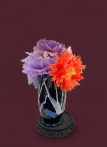Black-Ceramic-Vase-with-White-Swirls-and-Paper-Flowers