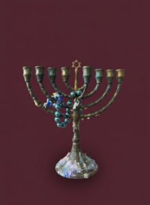 Brass-Menorah-with-Blue-Beads-and-Star-of-David-Accent