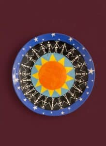 Hand-Painted-Ceramic-Plate-with-Sun-Skeleton-Figures-and-Stars-in-Mexican-Folk-Art-Style