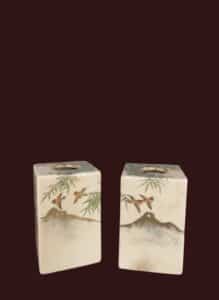 Pair-of-Japanese-Ceramic-Vases-with-Bird-and-Mountain-Motif