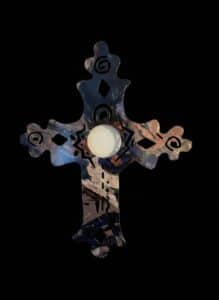 Decorative-Metal-Wall-Cross-with-Geometric-Cut-outs-and-Abstract-Print