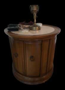 Ethan-Allen-Tuscan-Style-Round-Drum-Table-with-Granite-Top