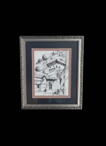 Framed-Pen-and-Ink-Drawing-of-a-Balkan-Village-Scene-1