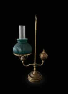 Vintage-Brass-Double-Arm-Student-Lamp-with-Ribbed-Green-Glass-Shade