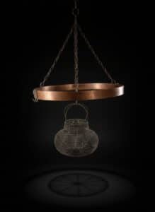 Vintage-Copper-Pot-Rack-with-Wire-Basket
