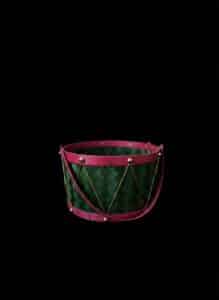 Vintage-Drum-Style-Woven-Basket-with-Red-Rims-and-Gold-Cord-Lacing