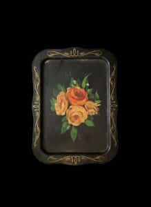 Vintage-Toleware-Black-Tray-with-Hand-Painted-Roses-and-Gold-Scrollwork