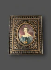 Antique-Hand-Painted-Portrait-Miniature-of-a-Woman-in-Ornate-Black-and-Gold-Frame