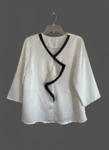 Vintage-White-Satin-Wrap-Blouse-With-Black-Contrast-Trim