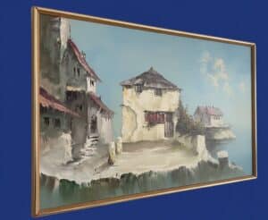 Mid-Century-Mediterranean-Coastal-Village-Oil-Painting-second-image