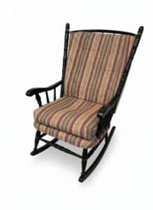 Vintage-Black-Spindle-Back-Rocking-Chair-with-Multi-Colored-Striped-Upholstery