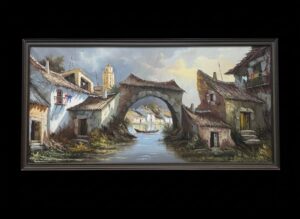 European-Canal-Village-Landscape-Oil-Painting-Signed-S.-David