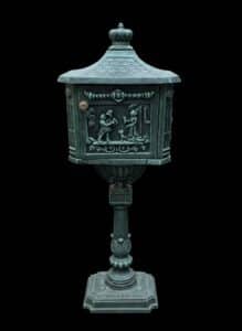 Vintage-Cast-Aluminum-Pedestal-Mailbox-with-Relief-Scene-fifth-image-3