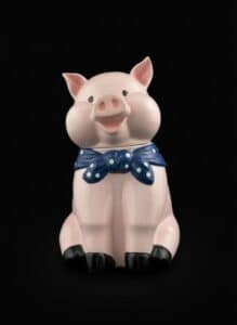 Vintage-Pink-Pig-Cookie-Jar-with-Blue-Polka-Dot-Bow-second-image-3