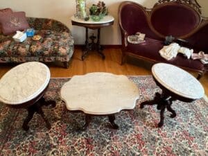 Victorian-Walnut-Marble-Top-Parlor-Tables-Set