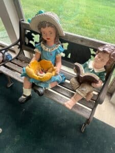 Vintage-Universal-Statuary-Boy-and-Girl-Reading-on-Bench-Statue