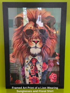 Framed-Art-Print-of-a-Lion-Wearing-Sunglasses-and-Floral-Shirt