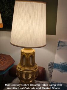 Mid-Century-Ochre-Ceramic-Table-Lamp-with-Architectural-Cut-outs-and-Pleated-Shade