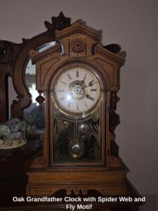 Oak-Grandfather-Clock-with-Spider-Web-and-Fly-Motif