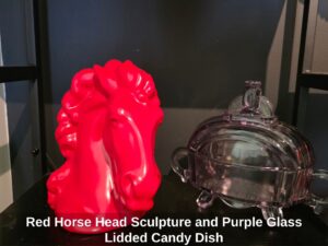 Red-Horse-Head-Sculpture-and-Purple-Glass-Lidded-Candy-Dish