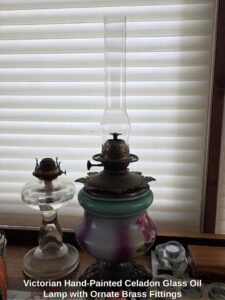 Victorian-Hand-Painted-Celadon-Glass-Oil-Lamp-with-Ornate-Brass-Fittings