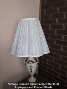 Vintage-Ceramic-Table-Lamp-with-Floral-Appliques-and-Pleated-Shade