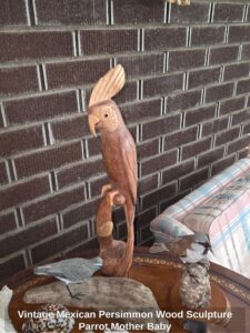 Vintage-Mexican-Persimmon-Wood-Sculpture-Parrot-Mother-Baby