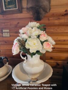 Vintage-White-Ceramic-Teapot-with-Artificial-Peonies-and-Roses
