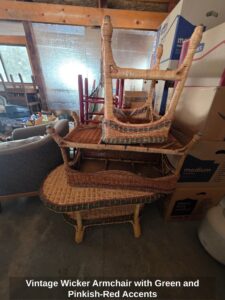 Vintage-Wicker-Armchair-with-Green-and-Pinkish-Red-Accents
