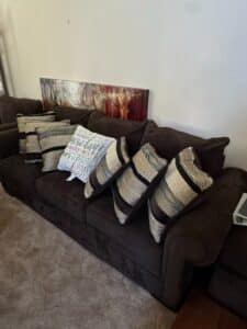 Dark-Brown-Corduroy-Sofa-with-Decorative-Pillows