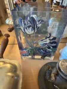 Decorative-Glass-Vase-with-Tulip-and-Postage-Stamp-Motif