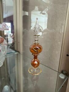 Hand-Blown-Egyptian-Glass-Perfume-Bottle-with-Leaf-Finial-and-Gold-Trim