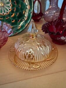 Jeannette-Glass-Iris-and-Herringbone-Peach-Opalescent-Butter-Dish-with-Lid
