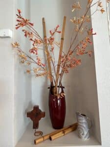 Dried-Kangaroo-Paw-Flower-Arrangement-with-Ceramic-Vase-Wooden-Cross-and-Bamboo