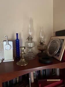 Collection-of-Vintage-Oil-Lamps-Brass-Candlestick-and-Cobalt-Blue-Bottle