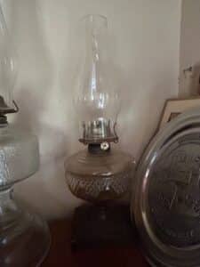 Collection-of-Vintage-Oil-Lamps-Brass-Candlestick-and-Cobalt-Blue-Bottle-fifth-image