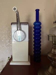 Collection-of-Vintage-Oil-Lamps-Brass-Candlestick-and-Cobalt-Blue-Bottle-second-image