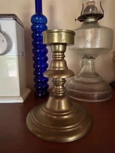Collection-of-Vintage-Oil-Lamps-Brass-Candlestick-and-Cobalt-Blue-Bottle-third-image