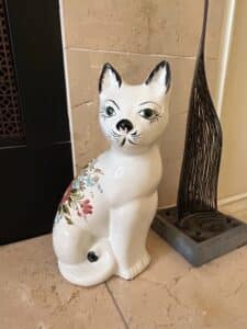 Vintage-Hand-Painted-Ceramic-Cat-Figurine-with-Floral-Decals-Made-in-Italy