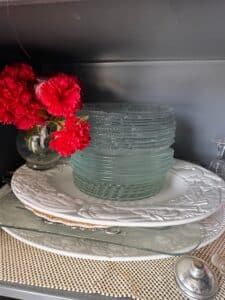 Assorted-Vintage-Tableware-Collection-Embossed-Floral-Ceramic-Plates-and-Ribbed-Glass-Plates
